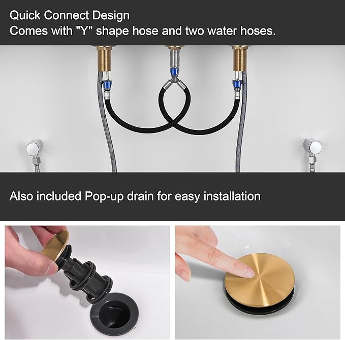 Brushed Gold Bathroom Faucet for Sink 3 Hole, 8 inch Widespread Bathroom Faucets | Brass Gold Vanity Faucets with 360° Swivel Spout 2 Handle Gold Sink Faucet with Drain & Supply Hoses