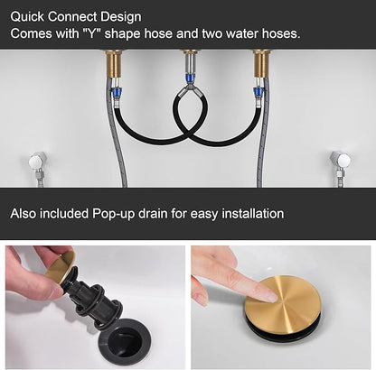 Brushed Gold Bathroom Faucet for Sink 3 Hole, 8 inch Widespread Bathroom Faucets | Brass Gold Vanity Faucets with 360° Swivel Spout 2 Handle Gold Sink Faucet with Drain & Supply Hoses