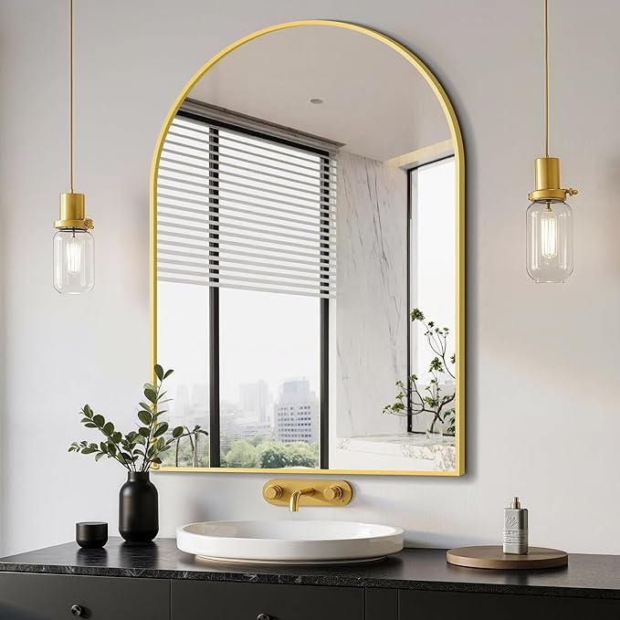 Arched Bathroom Mirror, Gold, 28"x40" | Wall Mounted, Vanity Mirror, For Bedroom, Living Room and Entryway