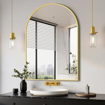 Arched Bathroom Mirror, Gold, 28"x40" | Wall Mounted, Vanity Mirror, For Bedroom, Living Room and Entryway