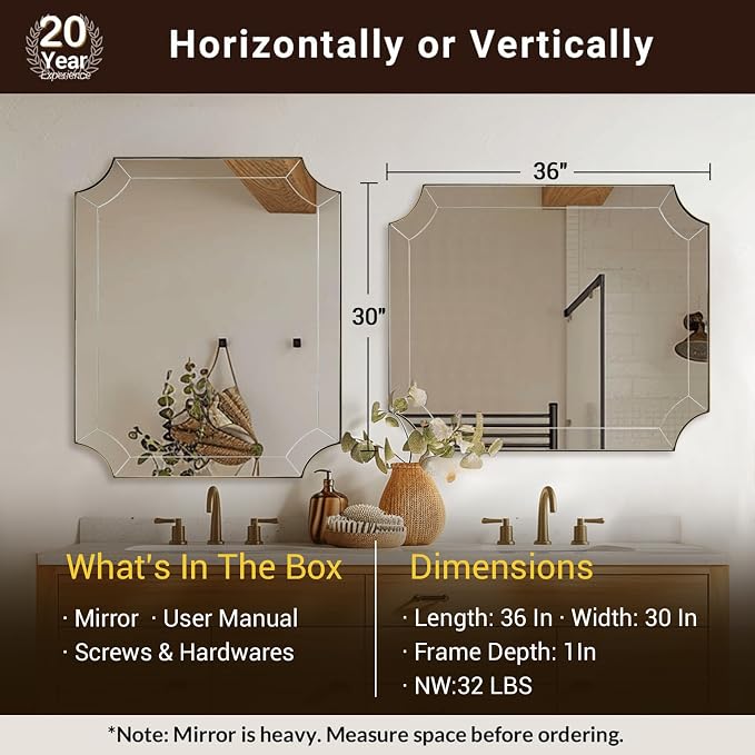 30"x36" Gold Mirror, Brushed Brass Scalloped Wall Mirror, Bathroom Wall Mirror with Stainless Steel Metal Frame, Unique Vanity Mirror with Modern Curved Edge Design, Thin Frame Deep 1"