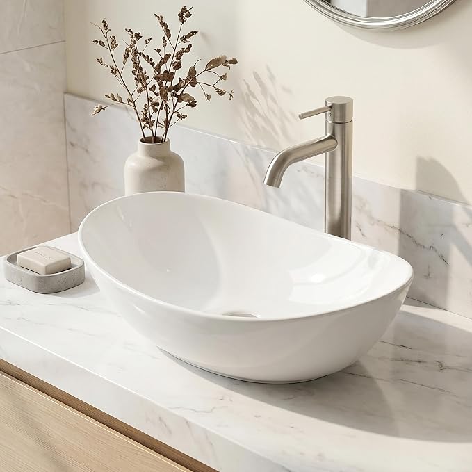 KES 20" x 13" Oval Vessel Sink for Bathroom Vanity Countertop, Glossy White Ceramic Bathroom Sink Bowl Above Counter, Boat Shape, Modern Look, Crafted to Endure, BVS139