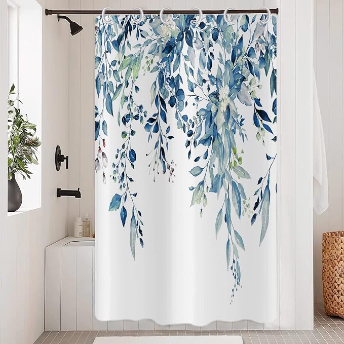 Blue Eucalyptus Shower Curtain, Watercolor Blue Leaves on The Top Plant with Floral Bathroom Curtain Bathtub Home Decor Waterproof Fabric Machine Washable with Hooks