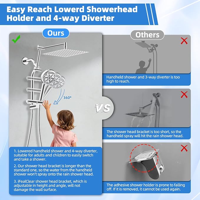 12” Metal Rain Shower Head with Handheld, 10-Mode with Filter, Easy Reach | Chrome, High-Pressure Rainfall Showerhead, Upgraded 4-Way Diverter Pause Mode, Adjustable 16" Extension Arm/71" Hose/Holder