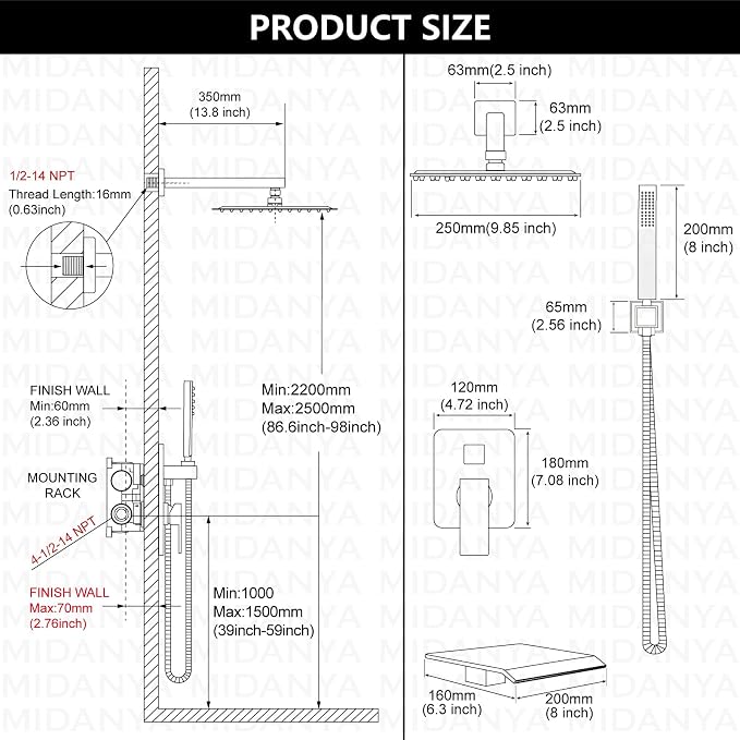Midanya Shower System with Tub Spout,10 Inch Shower Head,Oil Rubbed Bronze | with Valve & Trim Kit,Square Rain Head,Handheld Sprayer,Waterfall Spout,All Metal Wall Mount Bathroom Shower Tub Faucet Set