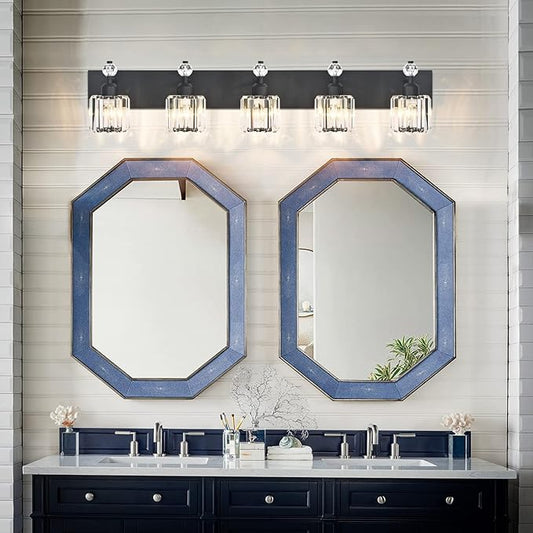 PRESDE 5-Light Crystal Bathroom Vanity Light Modern Matte Black Bathroom Lights Fixtures Over Mirror Wall Lamp for Over Mirror Bedroom Hallway