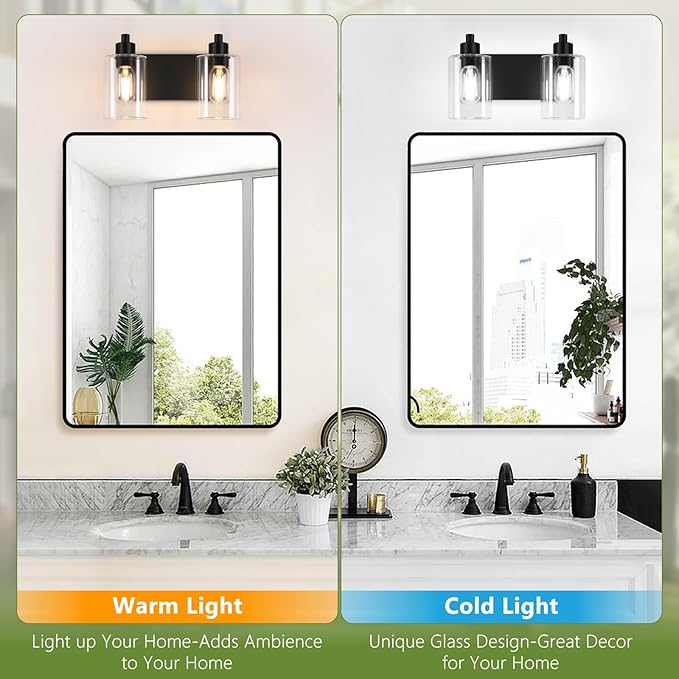 Matte Black 2-Light Bathroom Lights Over Mirror with Clear Glass Shade, Modern Bathroom Light Fixtures for Kitchen Living Room Bedroom Laundry Room