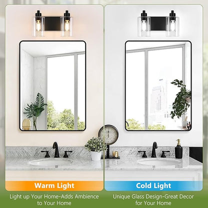 Matte Black 2-Light Bathroom Lights Over Mirror with Clear Glass Shade, Modern Bathroom Light Fixtures for Kitchen Living Room Bedroom Laundry Room