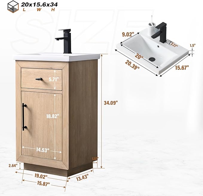 HOMEBEYOND 20 Inch Bathroom Vanity with Single Sink & Ceramic Top, MDF Material Vanity Cabinet with Basin Combo, Soft-Closing Doors, Removable Shelf, Backsplash