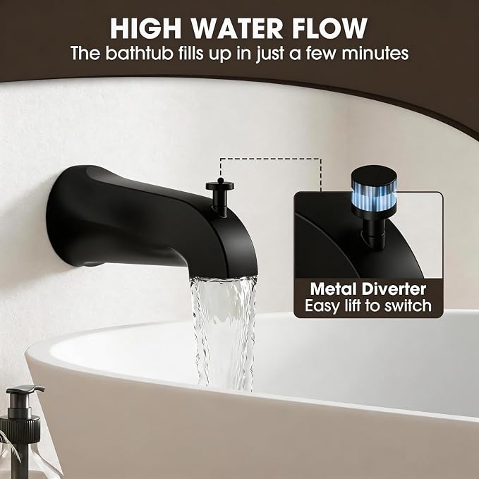 Shower Faucet Set Bathtub Faucet Set with Valve Included Shower Valve Kit with All-Metal High Flow Tub Spout,6 Inch High Pressure Head,Solid Brass Valve Body and Metal Handle Trim,Black