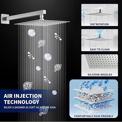 BWE 12 Inch Square Shower Head System 2-Functions Bathroom Luxury Rain Mixer Shower Combo Set Wall Mounted Rainfall Brushed Nickel Shower Faucet Rough-in Valve Body and Trim Included