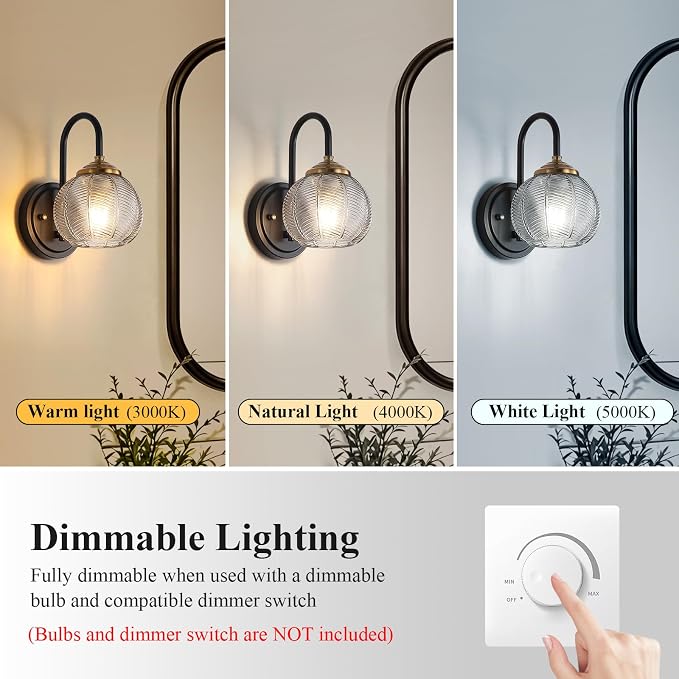 Mecgirn Bathroom Vanity Light Fixtures, 1-Light Smoky Gray Glass Shade, Modern Black and Gold Wall Sconce, Unique Textured Leaf Pattern, Ceramic E26 Sockets Wall Mounted for Mirror, Cabinet, Hallway