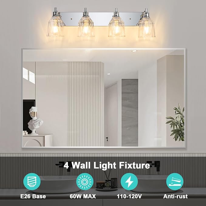 4 Light Bathroom Light Fixtures Modern Chrome Vanity Lights for Bathroom Lighting Fixtures Over Mirror with Thickened Glass Shade for Cabinet Mirror Bedroom Hallway