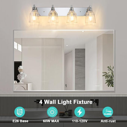4 Light Bathroom Light Fixtures Modern Chrome Vanity Lights for Bathroom Lighting Fixtures Over Mirror with Thickened Glass Shade for Cabinet Mirror Bedroom Hallway