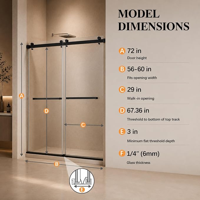 Frameless Shower Door,Frosted Sliding Shower Door, 56-60"W x 72"H-1/4” (6mm) , Frosted Glass Shower Door with 4" Left-Side Adjustment, 304 Stainless Steel Hardware, Nano Easy-Clean Glass, Matte Black
