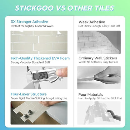 STICKGOO 10-Sheet Subway Peel and Stick Backsplash Tiles Putty Beige | Waterproof 3D PVC wall tiles with strong adhesive, extra thick for kitchen backsplash and bathroom walls