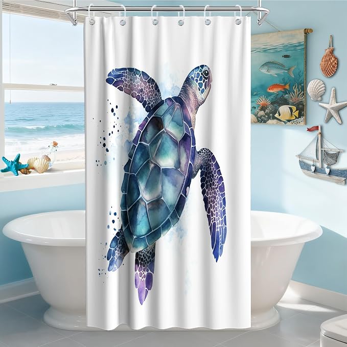 Funny Sea Turtle Shower Curtains Ocean Animal Cartoon Kids Theme Cloth Fabric Bathroom Decor Sets with Hooks Waterproof Washable 36W x 72H inches Teal Purple