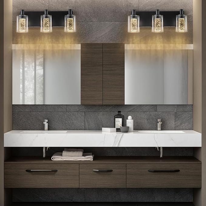 SineRise Vanity Light with 3 Color Modes (3000K/4000K/6000K), Eye Protection LED Bathroom Light Fixture, Dimmable Modern Wall Light Over Mirror with Clear Glass Shade (Black, 3-Light)