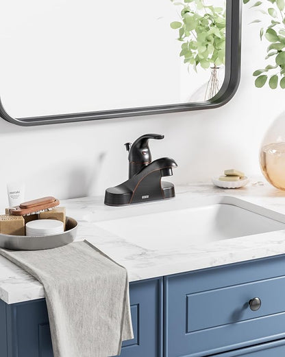 WOWOW Single Handle Commercial Bathroom Faucet Oiled Rubbed Bronze 4 inch Centerset Bathroom Basin Sink Faucets One Handle Vanity Faucets Basin Mixer Tap with Lift Rod Drain Assembly