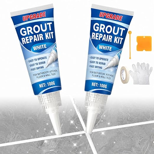 Tile Grout Repair Kit, 2 Pack Fast Drying Grout Sealer Tube | Easy DIY to Restore and Renew Tile Joints for Bathroom Shower Kitchen, Waterproof Tile Grout Paint(White), with Tools
