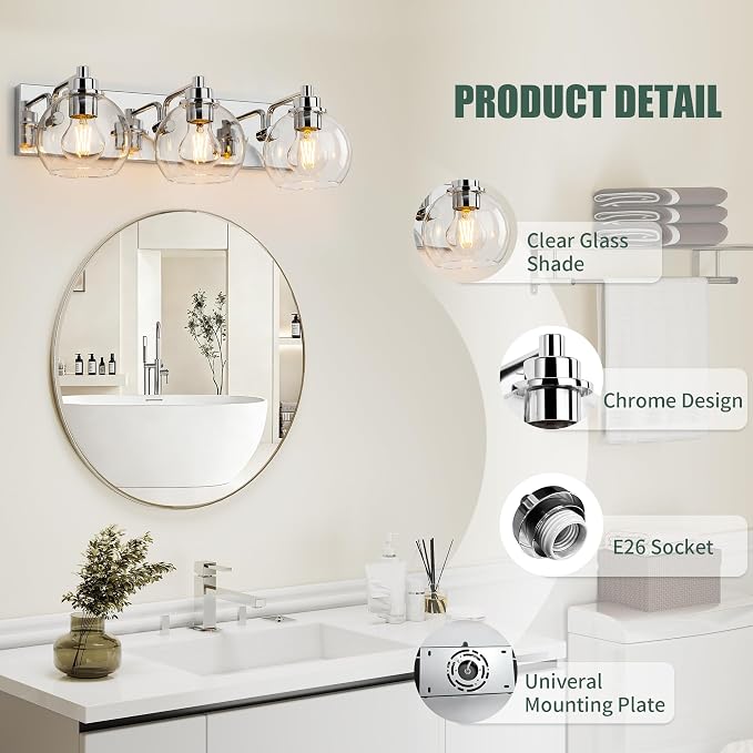3 Light Bathroom Light Fixtures-Chrome Bathroom Vanity Lights, Modern Vanity Lights 3-Light Bathroom Lighting Fixtures Over Mirror with Clear Glass Globe Shade