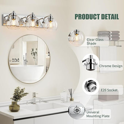 3 Light Bathroom Light Fixtures-Chrome Bathroom Vanity Lights, Modern Vanity Lights 3-Light Bathroom Lighting Fixtures Over Mirror with Clear Glass Globe Shade