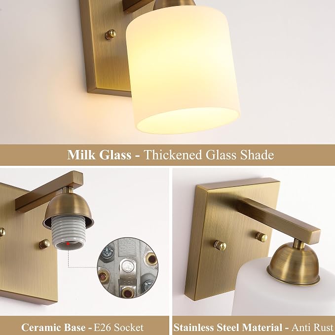 Mecgirn Brass Milk Glass Wall Sconces, 1 Pack Hardwired Indoor Wall Light Fixtures for Living Room, Hallway, Bedroom, Ceramic E26 Sockets (Bulbs Not Included)