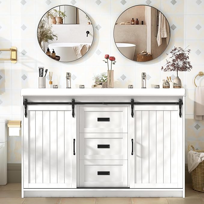 47 inch Bathroom Sink Vanity Combo, Large Freestanding Double Bath Vanity Sink Set with 2 Drawers & 2 Sliding Doors,Dual Basin Bathroom Storage Cabinet,Grey