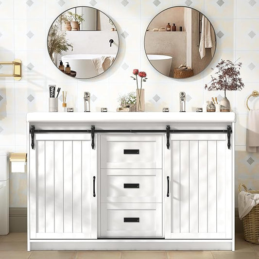 47'' Bathroom Sink Vanity Combo, Large Freestanding Double Bath Vanity Sink Set with 2 Drawers & 2 Sliding Doors, White Dual Basin Bathroom Storage Cabinet, White