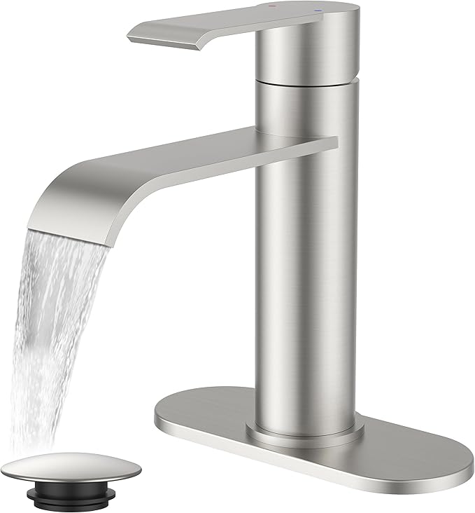 FORIOUS Brushed Nickel Bathroom Faucet 1 Hole, Brushed Nickel Waterfall Bathroom Faucet Single Hole for RV, Single Lever Lavatory Sink Tap with 3 Hole Adapter Deck Plate, Pop Up Drain and 24" Hose