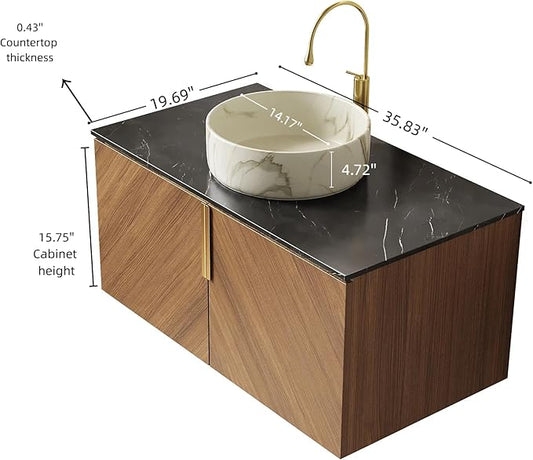 36 Inch Bathroom Vanity with Sink Combo, Floating Vanity Bathroom with Vessel Sink, Modern Bathroom Vanity Cabinet with Doors, Sintered Stone Countertop and Stone Pattern Sink,Brown Oak