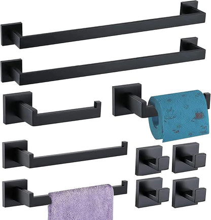 Bathroom Hardware Set 10 Piece Matte Black Bathroom Accessories Set SUS304 Towel Bar Set Includes 2 Towel Bar 24 Inch+2 Towel Holder+2 Toilet Paper Holder+4 Towel Hooks (10, Matte Black, 24 Inch)