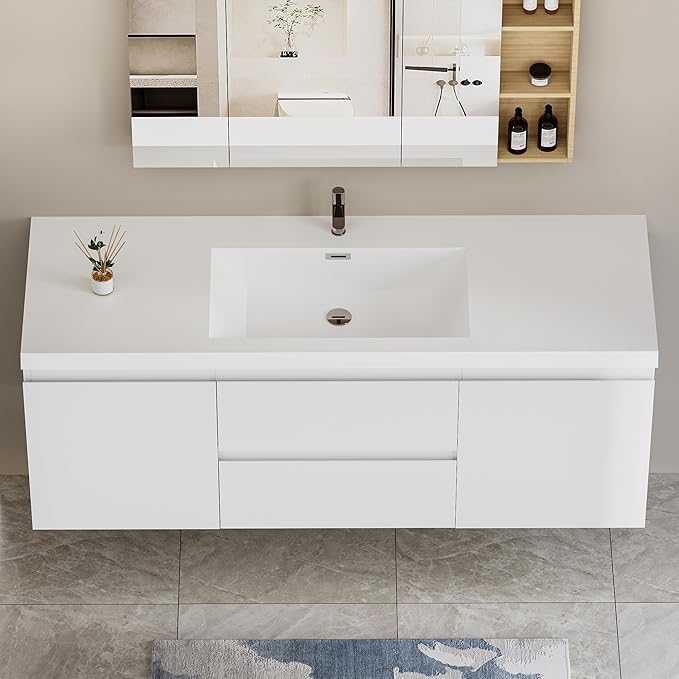 60 Inch Floating Bathroom Vanity with Single Sink, Modern Wall-Mounted Bathroom Vanity Storage Cabinet Organizer with 2 Soft Closing Doors & Drawers (White)