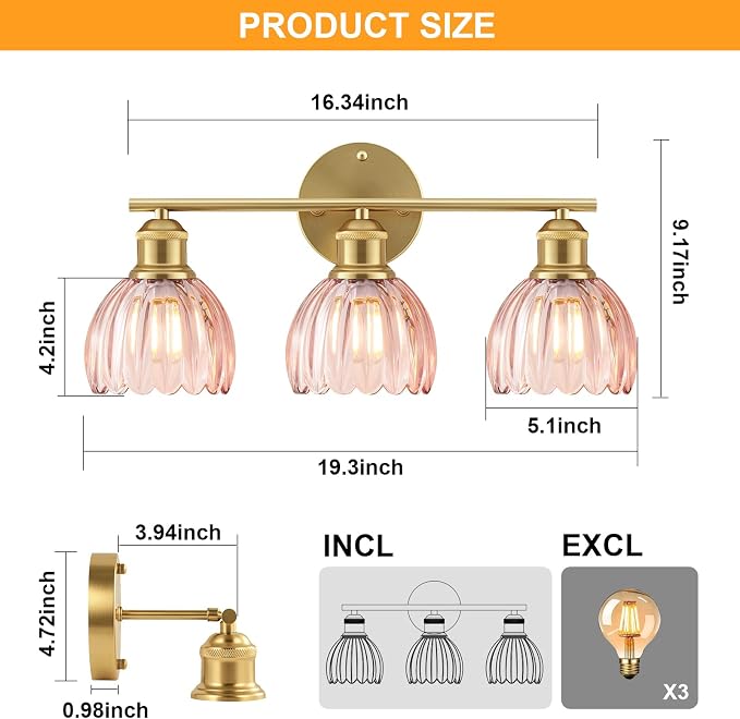 Bathroom Light Fixtures, 3-Light Brushed Gold Vanity Lights for Bathroom with Pink Tulip Glass Shade, 20" Vintage Bathroom Vanity Lighting Fixtures Over Mirror for Bedroom Living Room Hallway