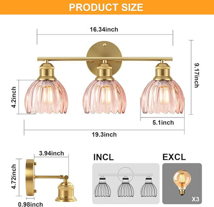 Bathroom Light Fixtures, 3-Light Brushed Gold Vanity Lights for Bathroom with Pink Tulip Glass Shade, 20" Vintage Bathroom Vanity Lighting Fixtures Over Mirror for Bedroom Living Room Hallway