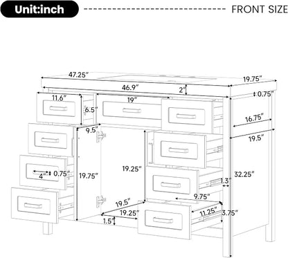 48" Bathroom Vanity with Resin Sink, Cabinet with Soft-Closing Drawers and Doors, Simple & Modern Style, Solid Wood Frame, White