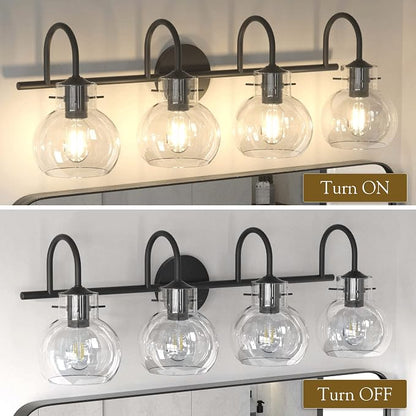 4 Lights Bathroom Vanity Light Fixtures Over Mirror Black Modern | 24in Large Wall Sconce,Matte Black,Globe Glass Shade,E26 Base,UL Certified,Anti-Rust,Damp Rated,Bathroom Bedroom Living Room