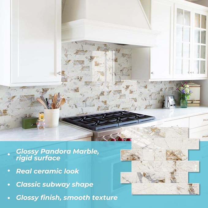 STICKGOO 10-Sheets Peel and Stick Backsplash, Glossy Pandora | Marble Look Kitchen Backsplash Wall Tiles, PVC Peel and Stick Wall Panels for Bathroom, Fireplace, RV