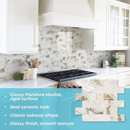 STICKGOO 10-Sheets Peel and Stick Backsplash, Glossy Pandora | Marble Look Kitchen Backsplash Wall Tiles, PVC Peel and Stick Wall Panels for Bathroom, Fireplace, RV