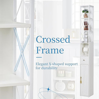 VECELO 67" Narrow Storage Cabinet, Tall Slim Corner Cabinet, Corner Storage with X-Shaped Metal Frame, Toilet Paper Holder, Magnetic Door, Ideal for Small Space, White