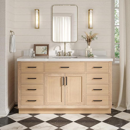 ARIEL Hepburn 60-inch Bathroom Vanity with Sink,Solid Wood, 1.5-inch Pure White Quartz Countertop, Single Rectangular Porcelain Sink, 2 Soft Closing Doors, 9 Dovetail Drawers, White Oak