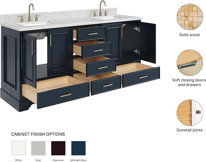 ARIEL Stafford 72-inch Bathroom Vanity with Sink,Solid Wood, 0.75-inch Italian Carrara Marble Countertop, Double Rectangular Porcelain Sink, 4 Soft Closing Doors, 6 Dovetail Drawers, Midnight Blue