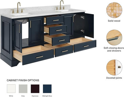 ARIEL Stafford 72-inch Bathroom Vanity with Sink,Solid Wood, 0.75-inch Italian Carrara Marble Countertop, Double Rectangular Porcelain Sink, 4 Soft Closing Doors, 6 Dovetail Drawers, Midnight Blue