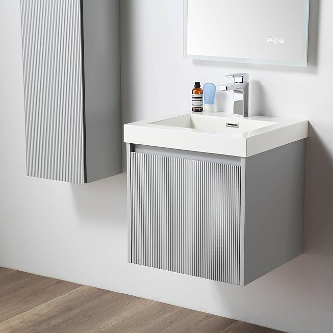 Blossom 20 Inch Bathroom Vanity with Sink and Side Cabinet, All Wood Floating Bathroom Vanity with Acrylic Sink, Bathroom Sink Cabinet with Soft-Close Drawer, Modern Style Vanities, Light Grey