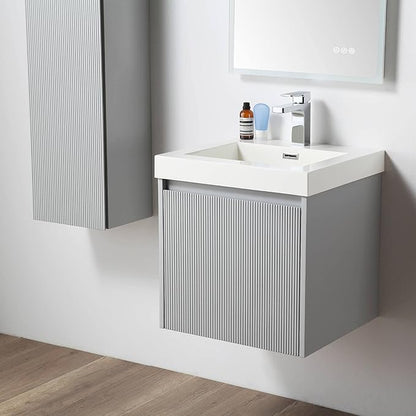 Blossom 20 Inch Bathroom Vanity with Sink and Side Cabinet, All Wood Floating Bathroom Vanity with Acrylic Sink, Bathroom Sink Cabinet with Soft-Close Drawer, Modern Style Vanities, Light Grey