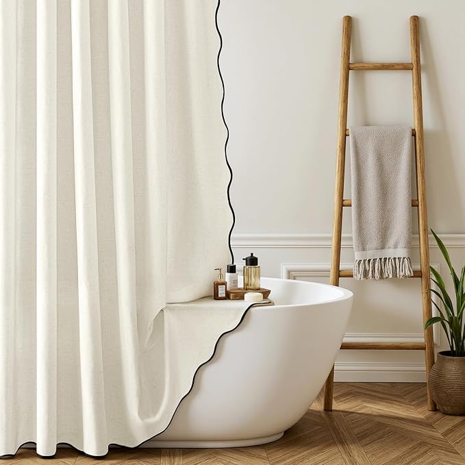 MIULEE 84" Long White Scalloped Linen Shower Curtain 72W x 84L | 12 metal hooks, Linen scalloped, waterproof washable, thick heavy cloth, black border, boho farmhouse, bathroom hotel use