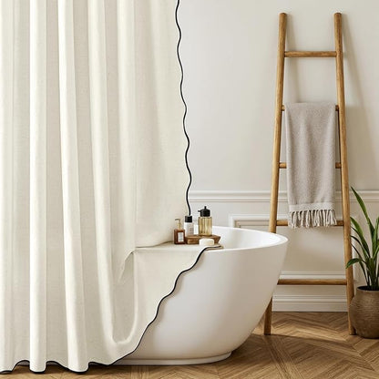MIULEE 84" Long White Scalloped Linen Shower Curtain 72W x 84L | 12 metal hooks, Linen scalloped, waterproof washable, thick heavy cloth, black border, boho farmhouse, bathroom hotel use