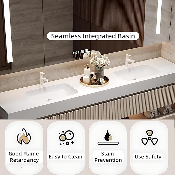 84in Modern Floating Bathroom Vanity with Double Sinks, Intelligent Defogging and Led Light, Wood Bathroom Vanities, Wall-Mounted Storage Cabinet