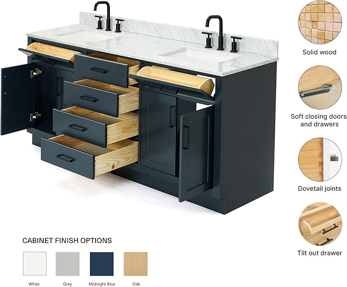 ARIEL Hepburn 72-inch Bathroom Vanity with Sink,Solid Wood, 0.75-inch Italian Carrara Marble Countertop, Double Rectangular Porcelain Sink, 4 Soft Closing Doors, 6 Dovetail Drawers, Midnight Blue