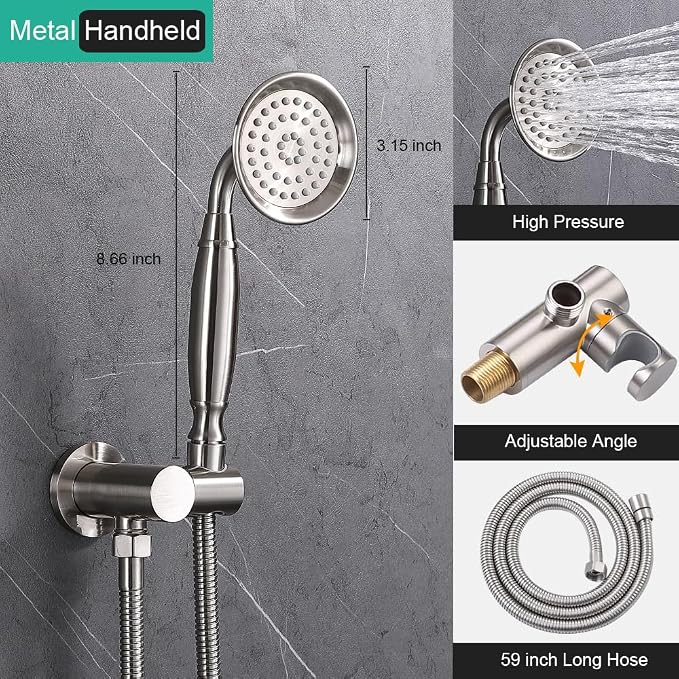 Dual Rain Shower Head System with Handheld Antique Faucet Set | Brushed Nickel Finish, Multi-layer Plating, Vintage Rainfall, 3 Way Diverter Brass Valve with Trim Kit, Easy Install